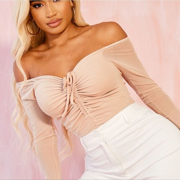 Prettylittlething Shape Stone Mesh Long Sleeve Ruched Bodysuit Size 8 Tan NWT - Picture 3 of 7